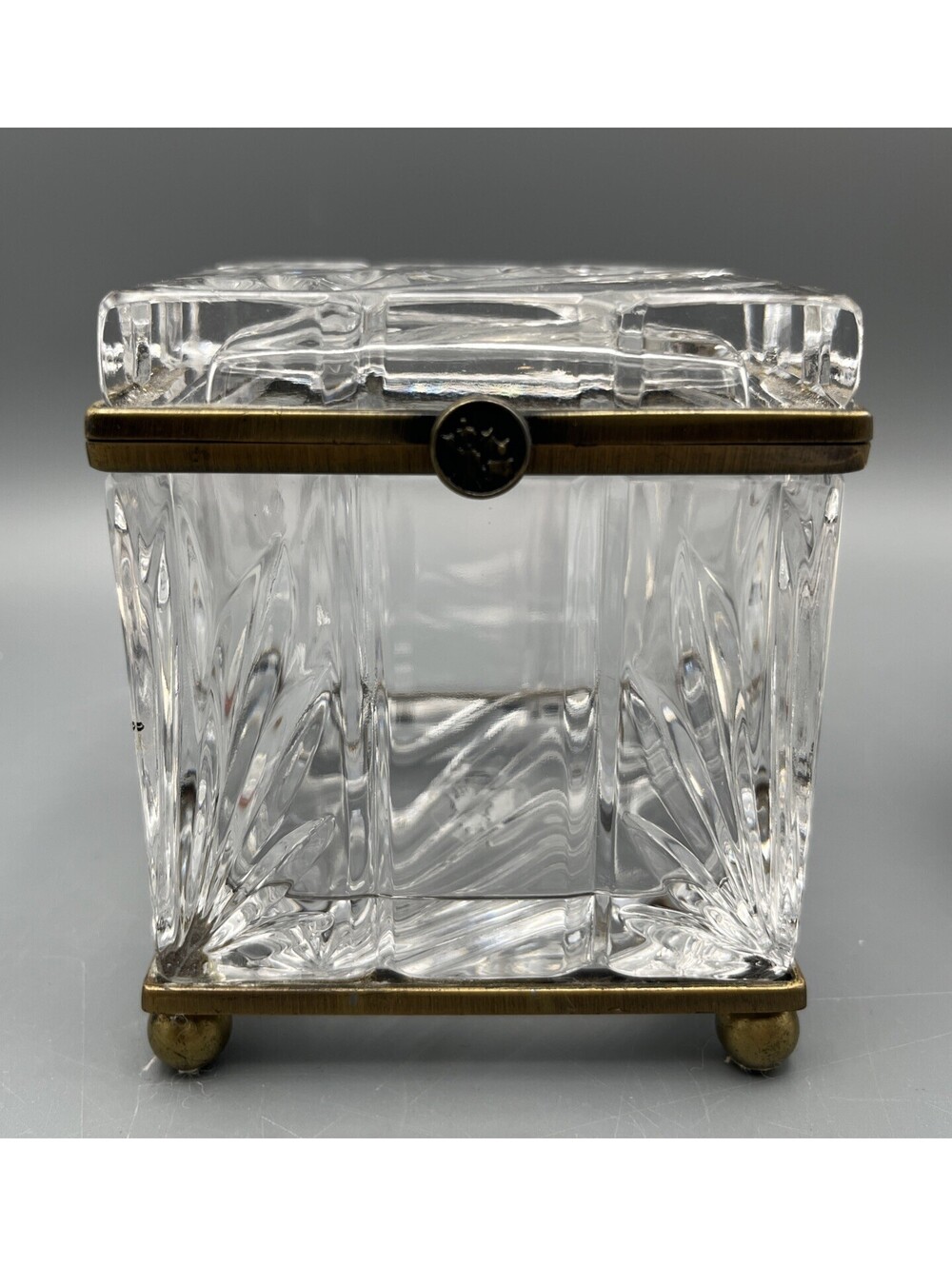 Castilian Poland 24% Lead Crystal Jewelry Trinket Box Brass Footed Hinged Lid